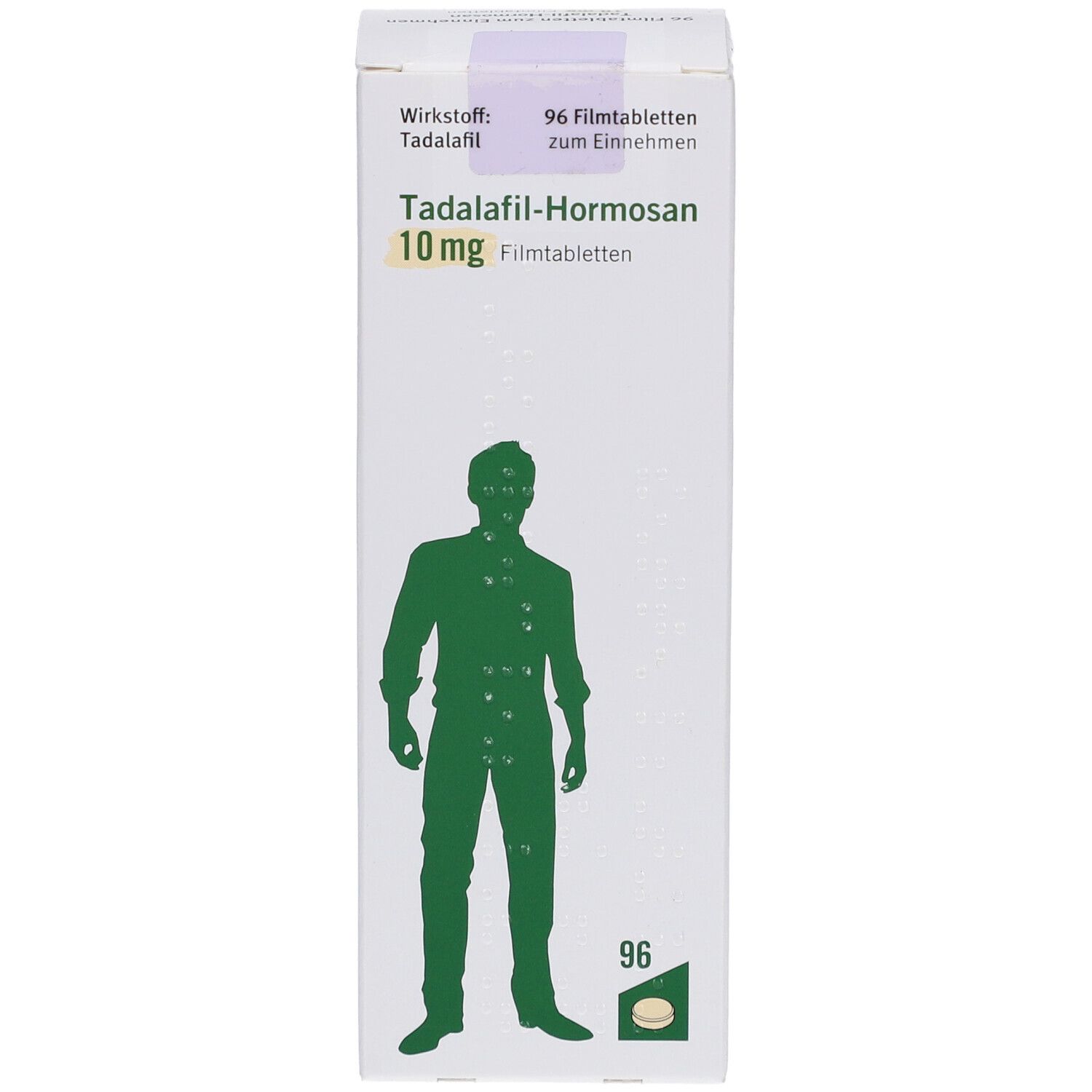 Schachtel mit Tadalafil-Hormosan 10 mg Filmtabletten. Aufdruck: Wirkstoff, 96 Filmtabletten. Grünes Männchen-Silhouette.