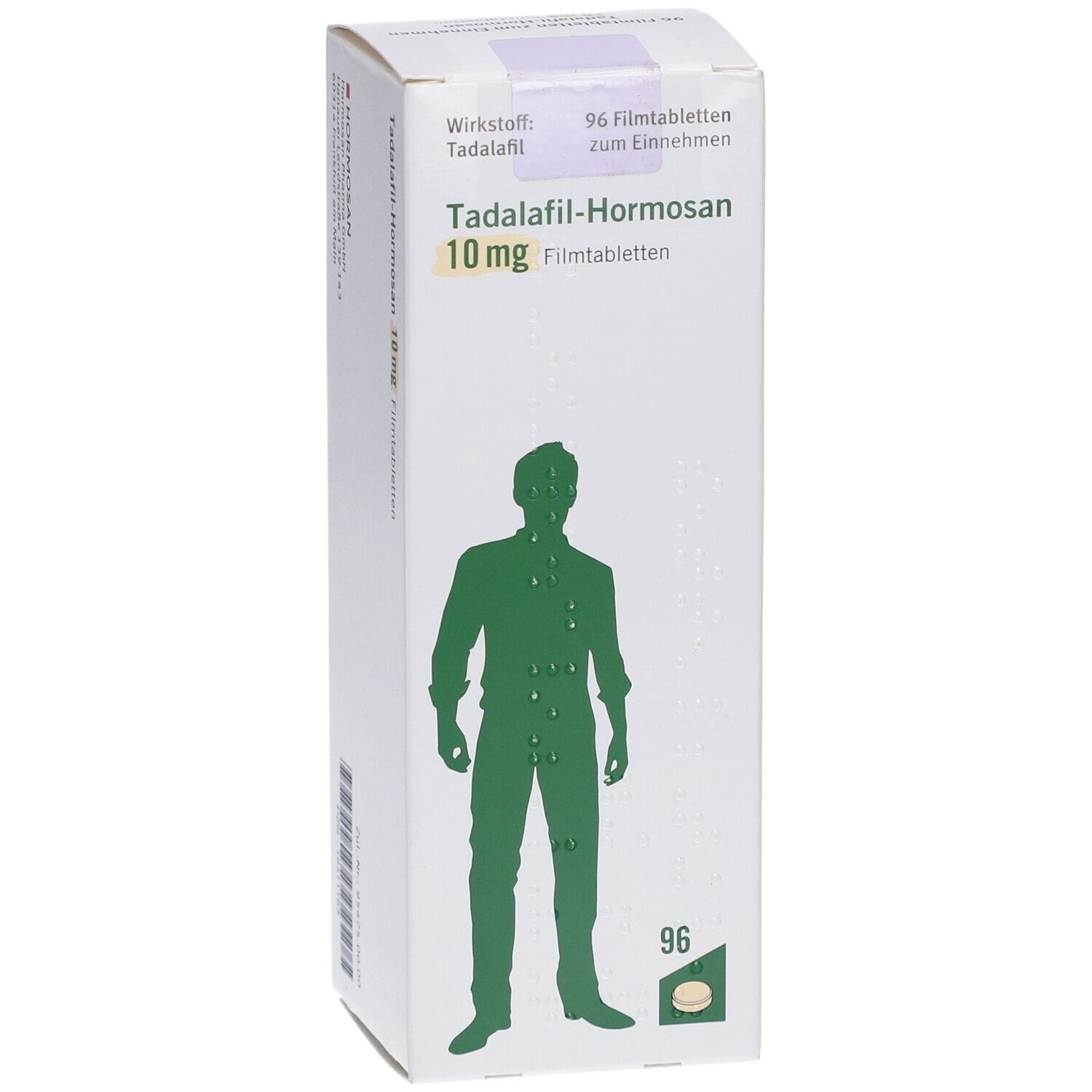Schachtel mit Tadalafil-Hormosan 10 mg Filmtabletten. Aufdruck: Wirkstoff, 96 Filmtabletten. Grünes Männchen-Silhouette.