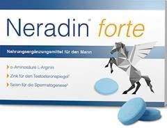 Schachtel mit Neradin forte, blauen Tabletten und Pegasus-Illustration. Text: Nahrungsergänzungsmittel für den Mann.