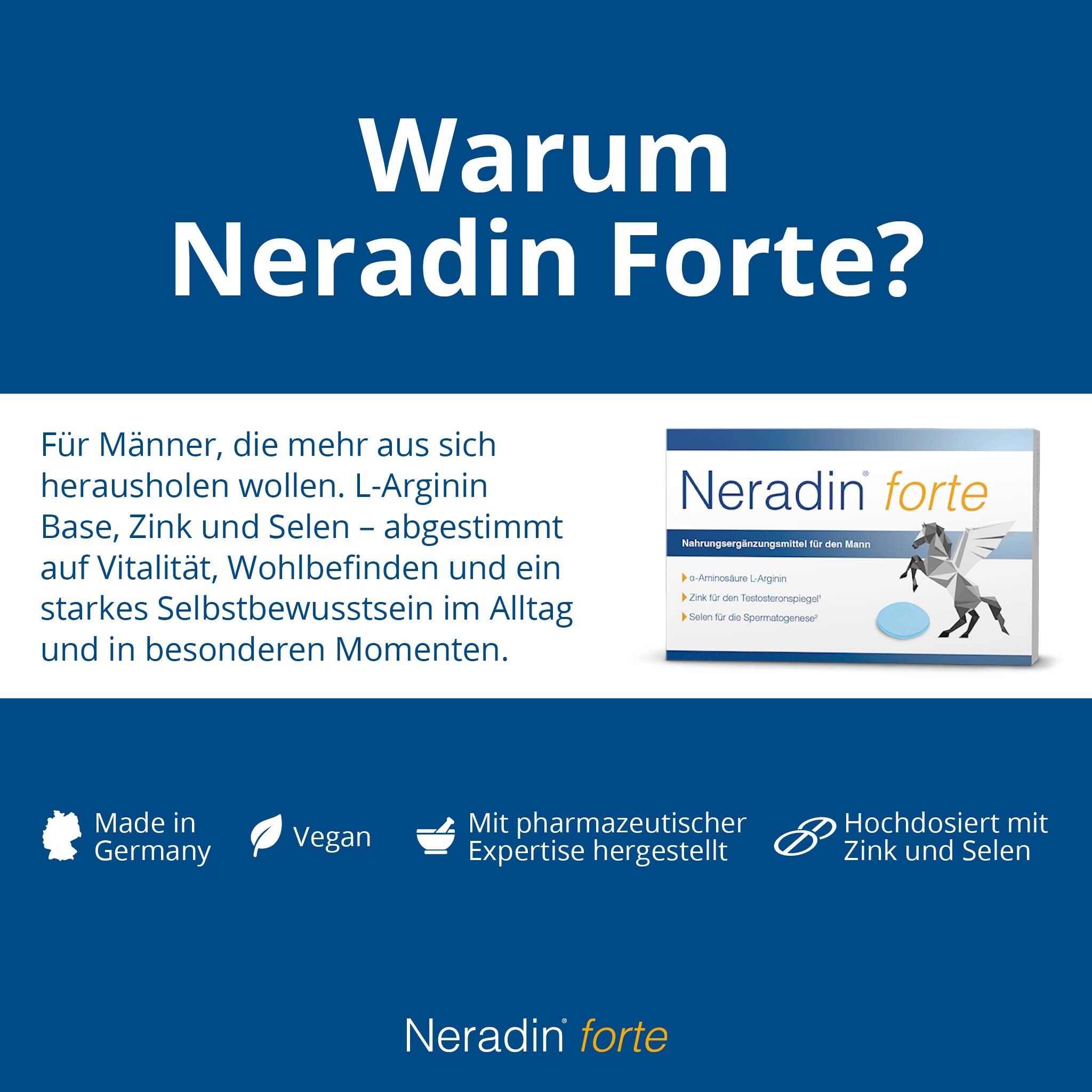 Text: Warum Neradin Forte? Abbildung der Produktverpackung. Logos: Made in Germany, Vegan, Pharmazeutische Expertise, Zink und Selen.