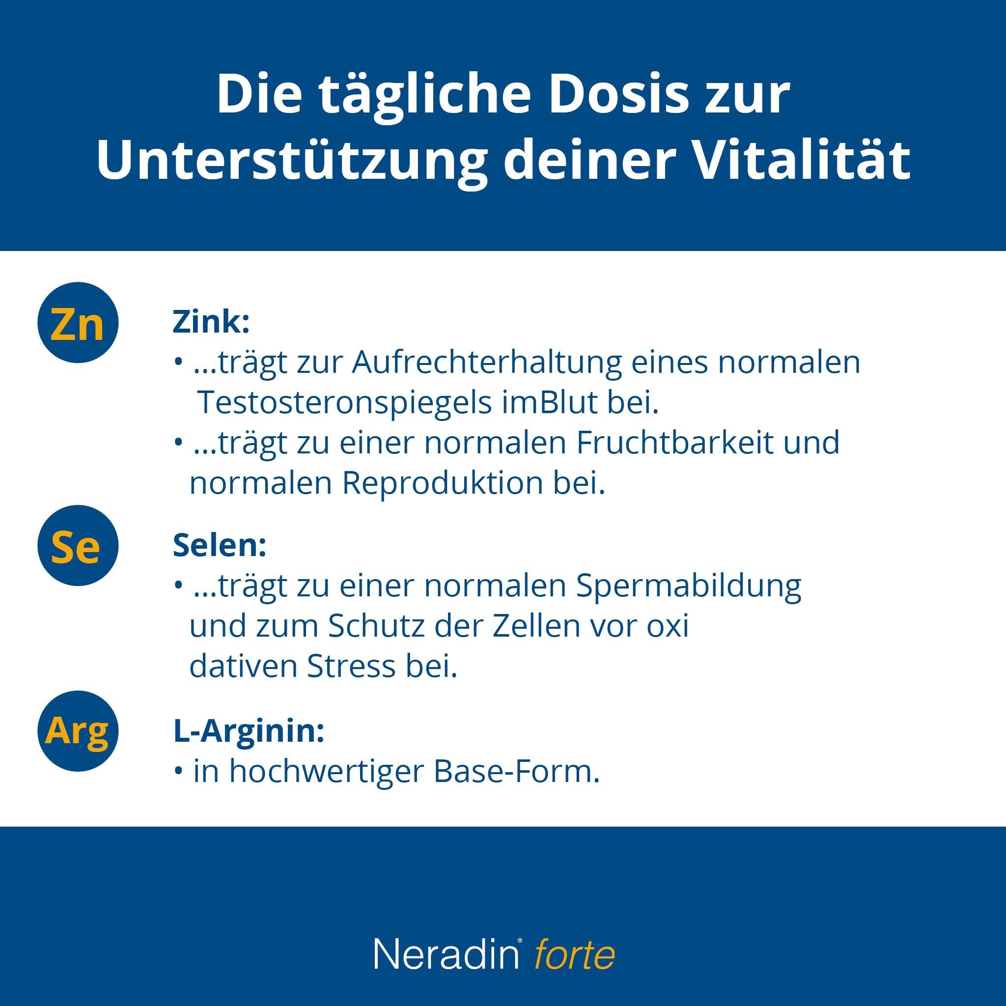 Text: Die tägliche Dosis zur Unterstützung deiner Vitalität. Inhaltsstoffe: Zink, Selen, L-Arginin.