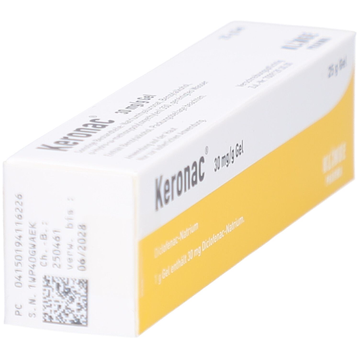 Schrägansicht der Produktverpackung. Weißer Karton mit gelbem Streifen. Aufschrift: Keronac 30 mg/g Gel, 25 g Gel.