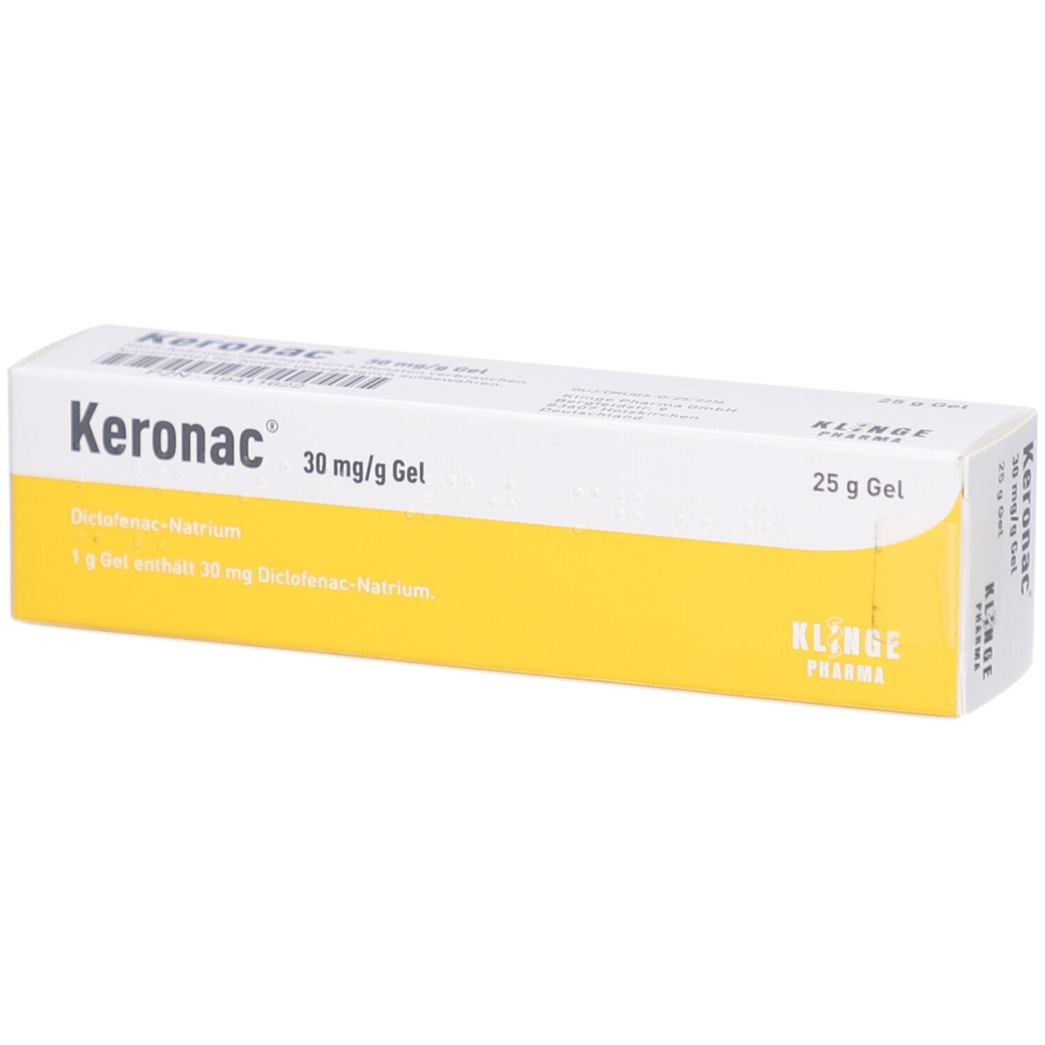 Karton mit Produktinformationen. Gel-Packung mit gelbem Streifen. Aufschrift: Keronac 30 mg/g Gel, 25 g Gel.