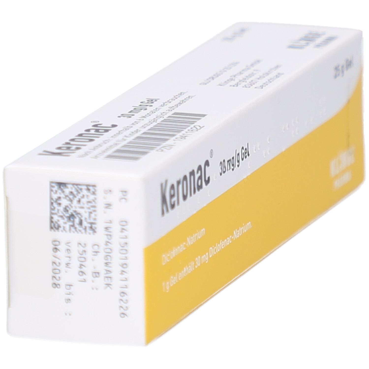 Schrägansicht der Produktverpackung. Weißer Karton mit gelbem Streifen. Aufschrift: Keronac 30 mg/g Gel, 25 g Gel.