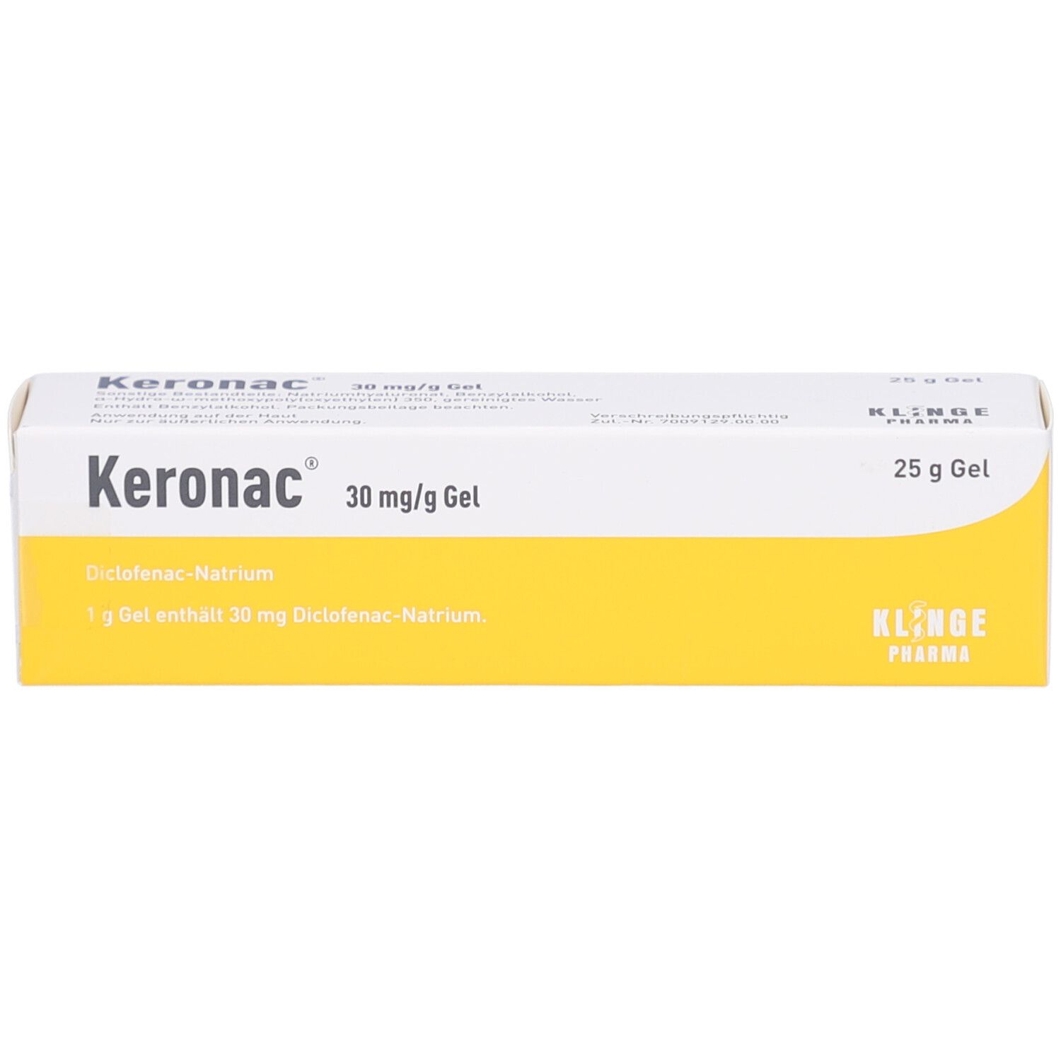 Karton mit Produktinformationen. Gel-Packung mit gelbem Streifen. Aufschrift: Keronac 30 mg/g Gel, 25 g Gel.
