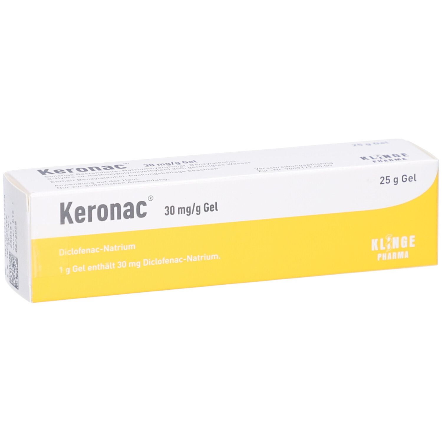 Karton mit Produktinformationen. Gel-Packung mit gelbem Streifen. Aufschrift: Keronac 30 mg/g Gel, 25 g Gel.
