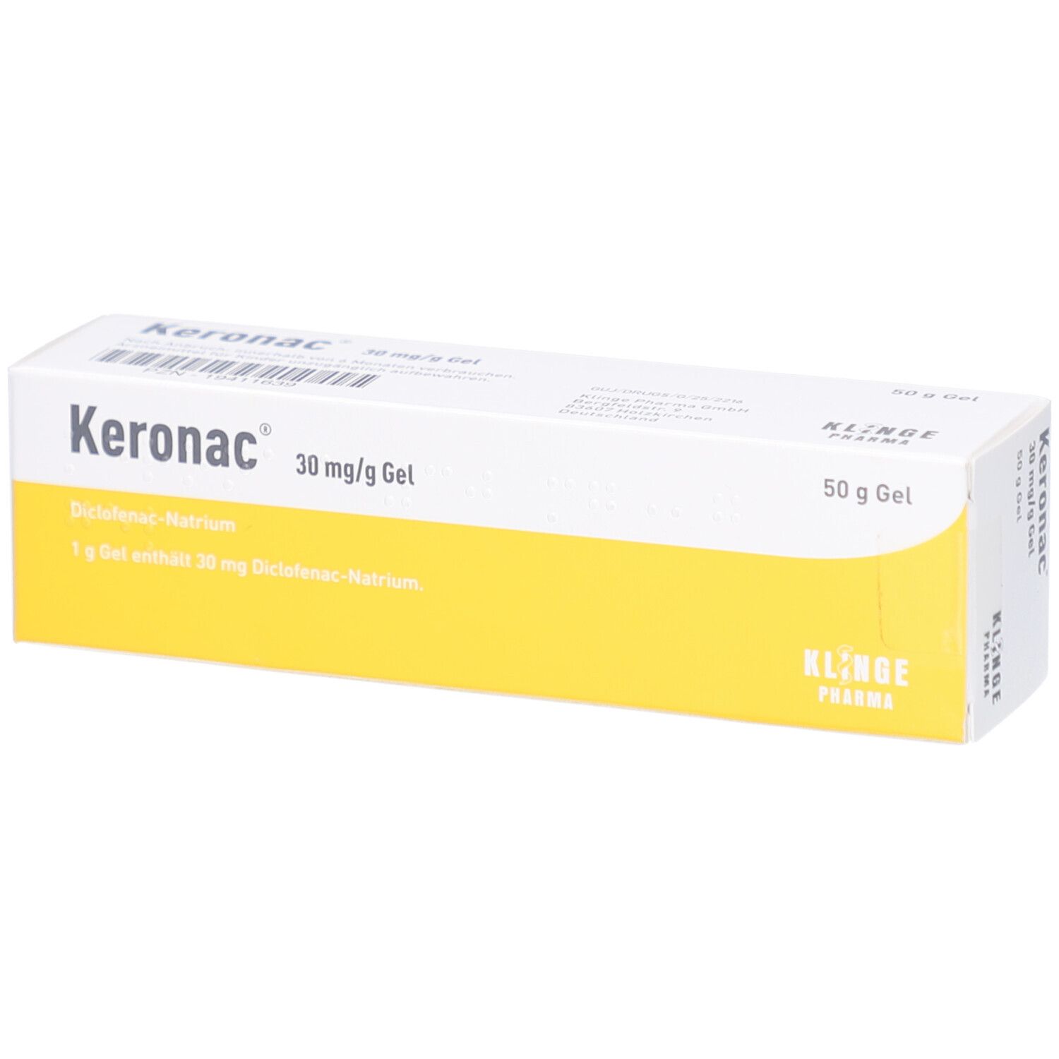 Karton mit Produktinformationen. Aufschrift: Keronac 30 mg/g Gel, 50 g Gel. Gelbe und weiße Farbgebung.