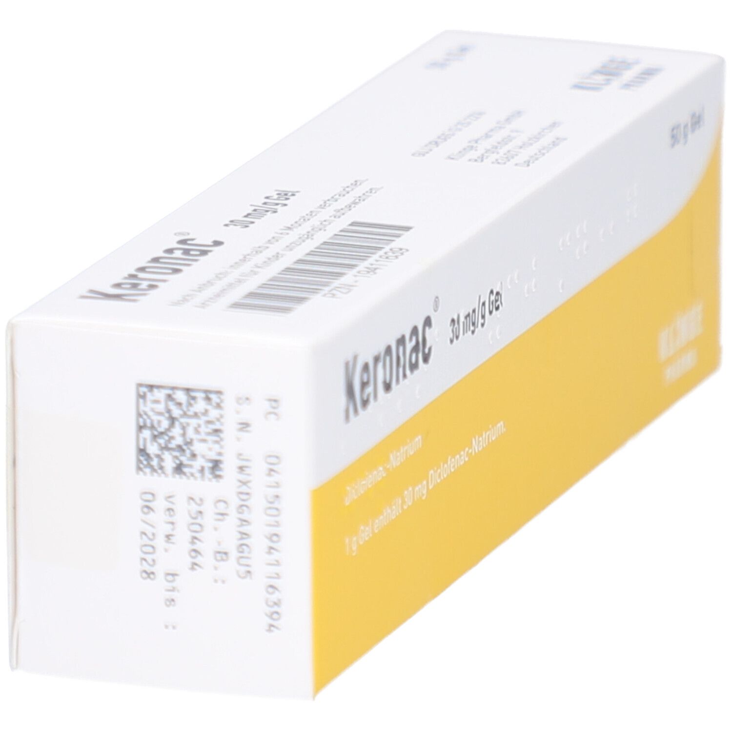 Schrägansicht der Keronac 30 mg/g Gel-Verpackung. Aufdrucke in Deutsch. Enthält 50 g Gel. Gelb und weiß.