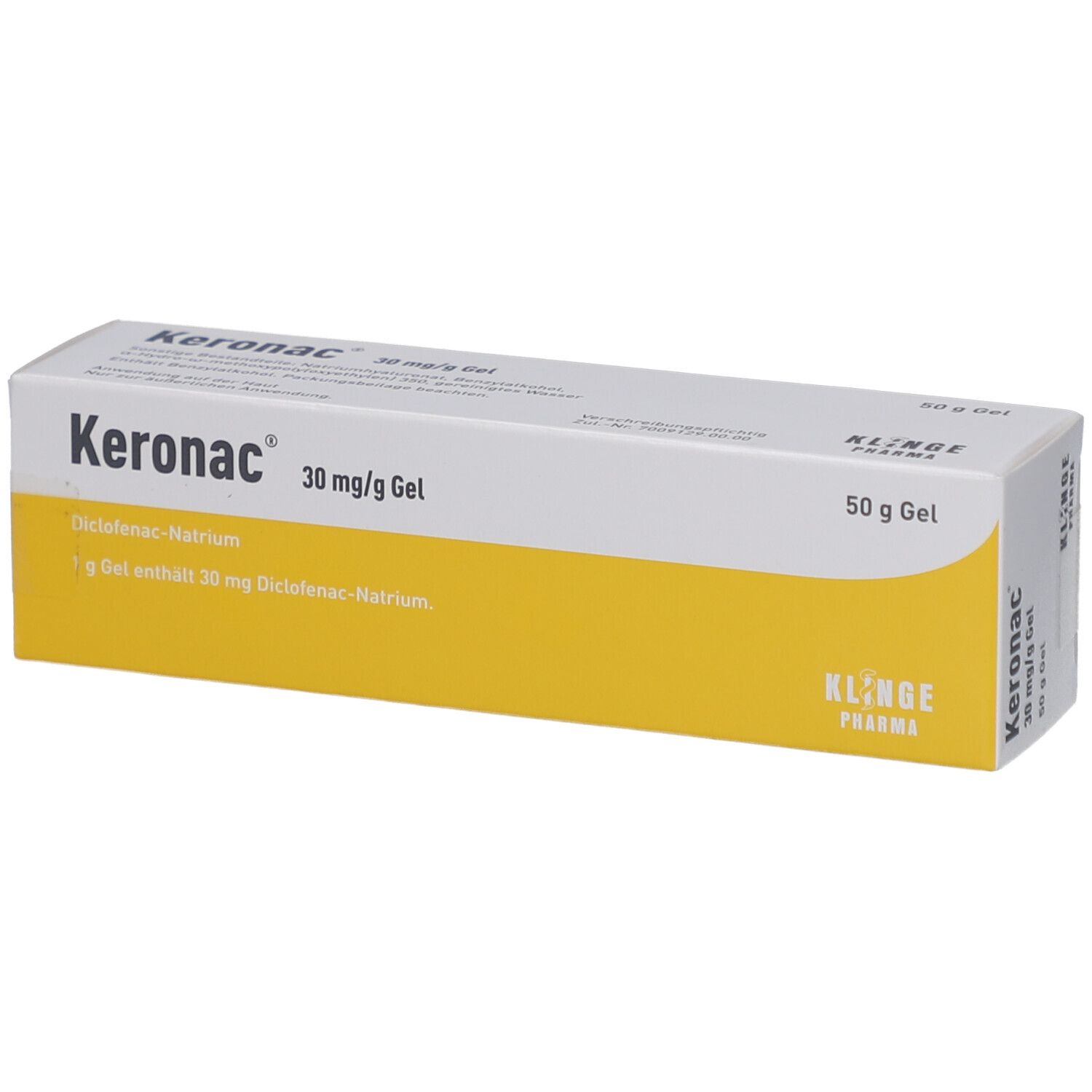 Karton mit Produktinformationen. Aufschrift: Keronac 30 mg/g Gel, 50 g Gel. Gelbe und weiße Farbgebung.