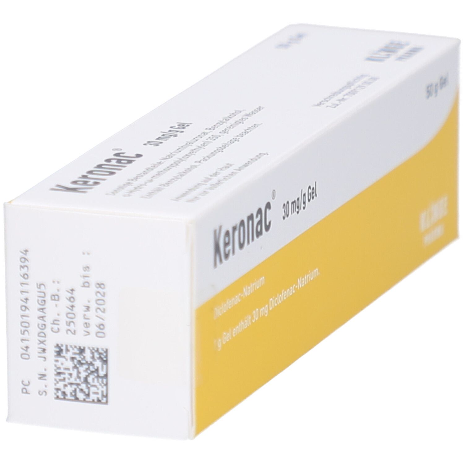 Schrägansicht der Keronac 30 mg/g Gel-Verpackung. Aufdrucke in Deutsch. Enthält 50 g Gel. Gelb und weiß.