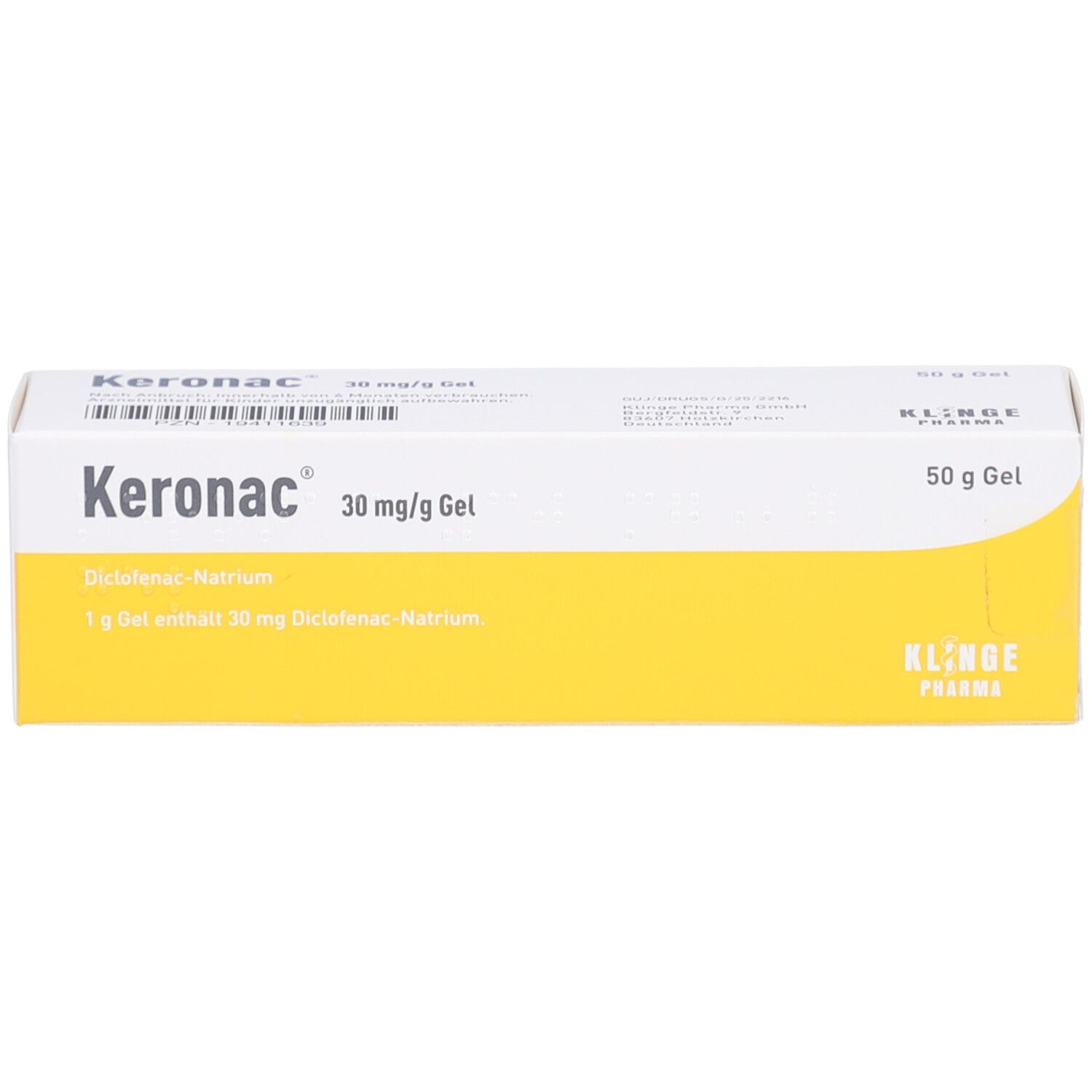 Karton mit Produktinformationen. Aufschrift: Keronac 30 mg/g Gel, 50 g Gel. Gelbe und weiße Farbgebung.