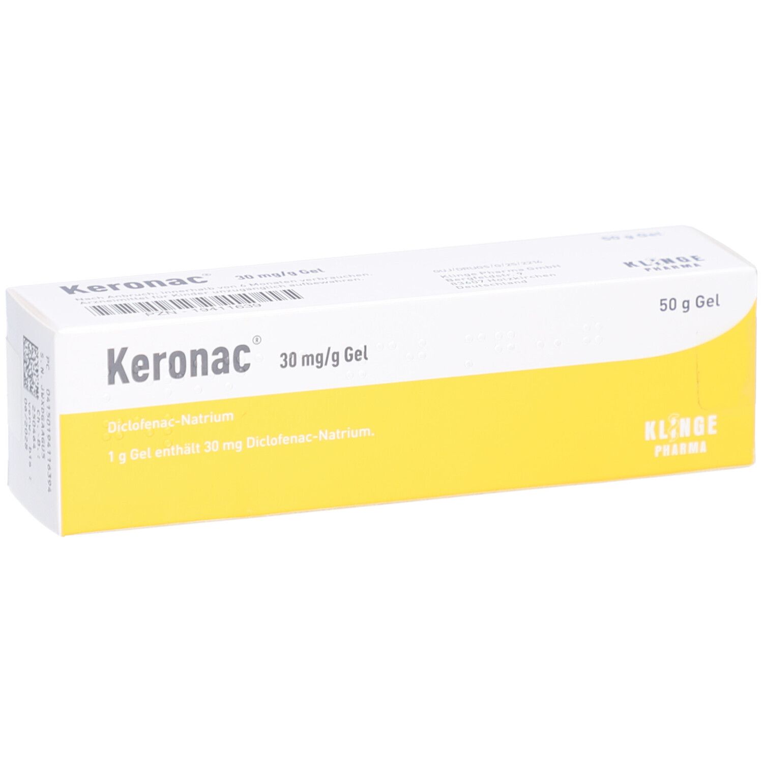 Karton mit Produktinformationen. Aufschrift: Keronac 30 mg/g Gel, 50 g Gel. Gelbe und weiße Farbgebung.