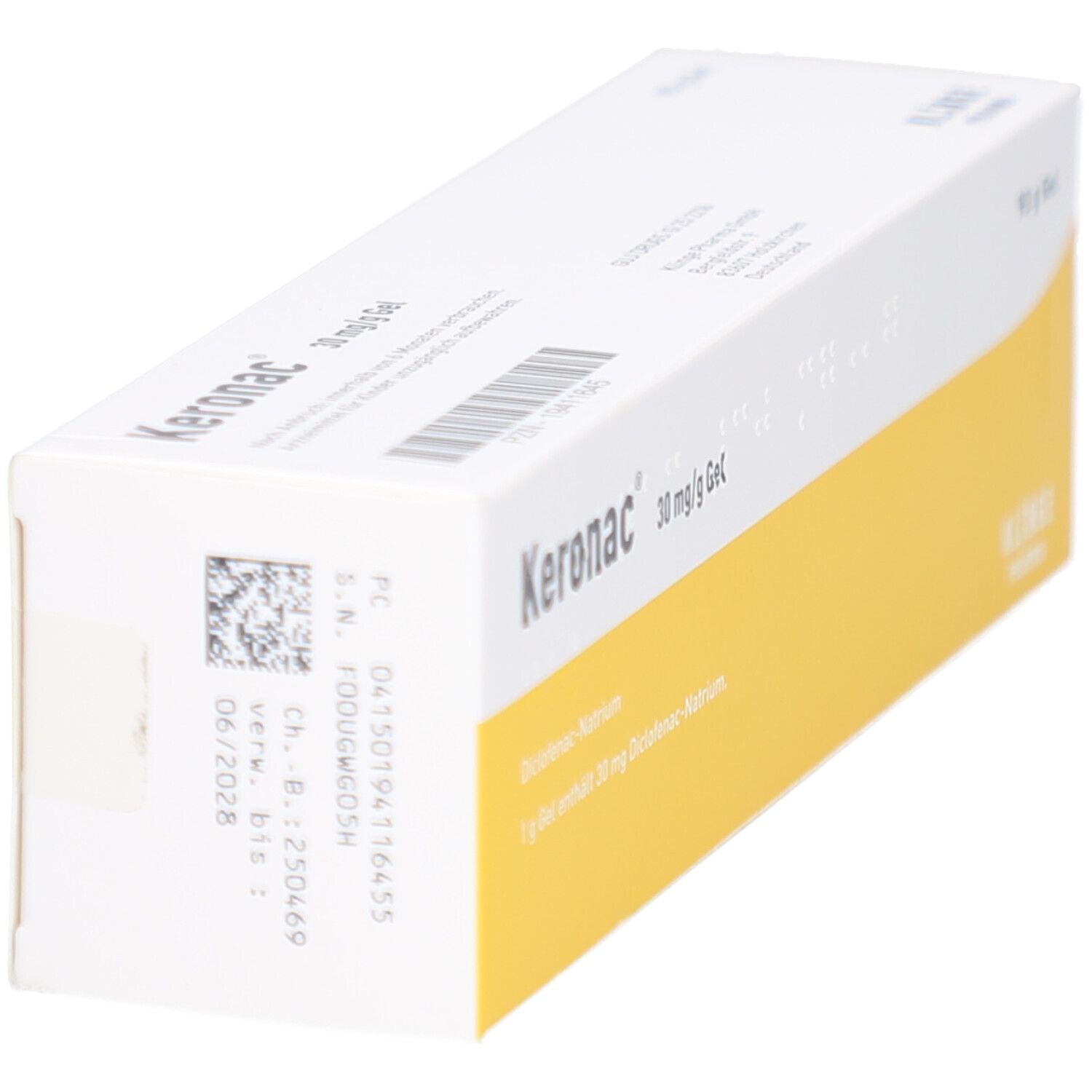 Schrägansicht der Produktverpackung. Produktname und Dosierung sind sichtbar. Gelbe und weiße Farbgebung. Barcode und Chargennummer.