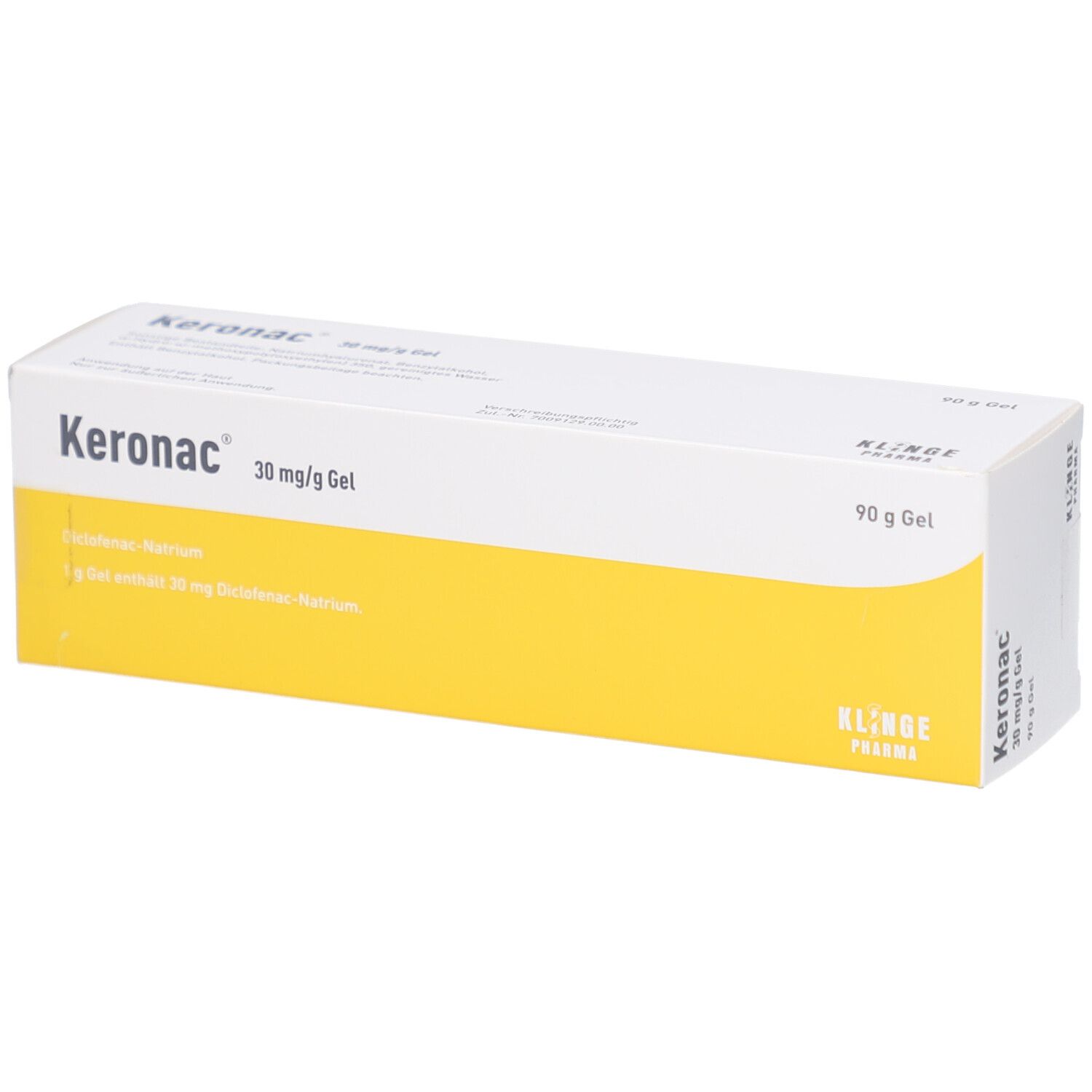 Karton mit Produktbezeichnung und Inhaltsangaben. Gel 30 mg/g. Gelbe und weiße Farbgebung. Klinde Pharma Logo.