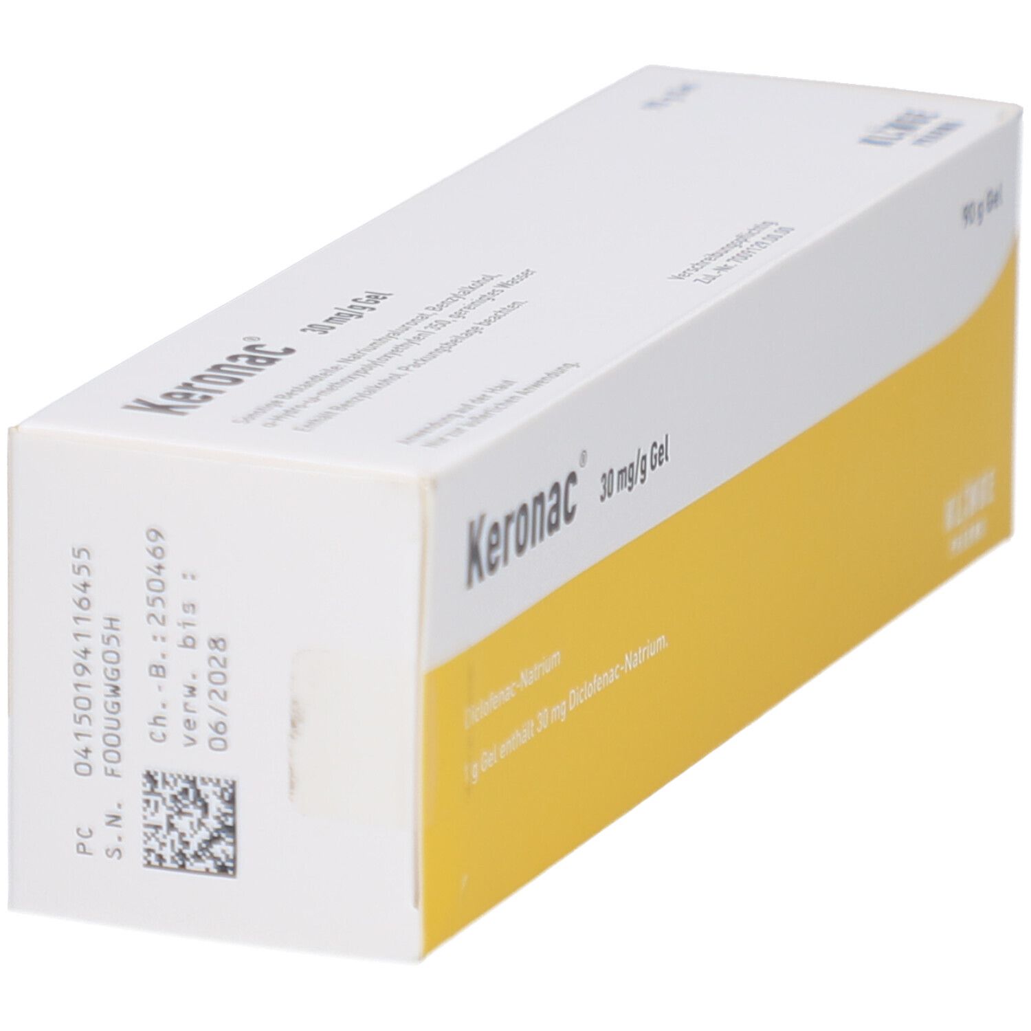 Schrägansicht der Produktverpackung. Produktname und Dosierung sind sichtbar. Gelbe und weiße Farbgebung. Barcode und Chargennummer.