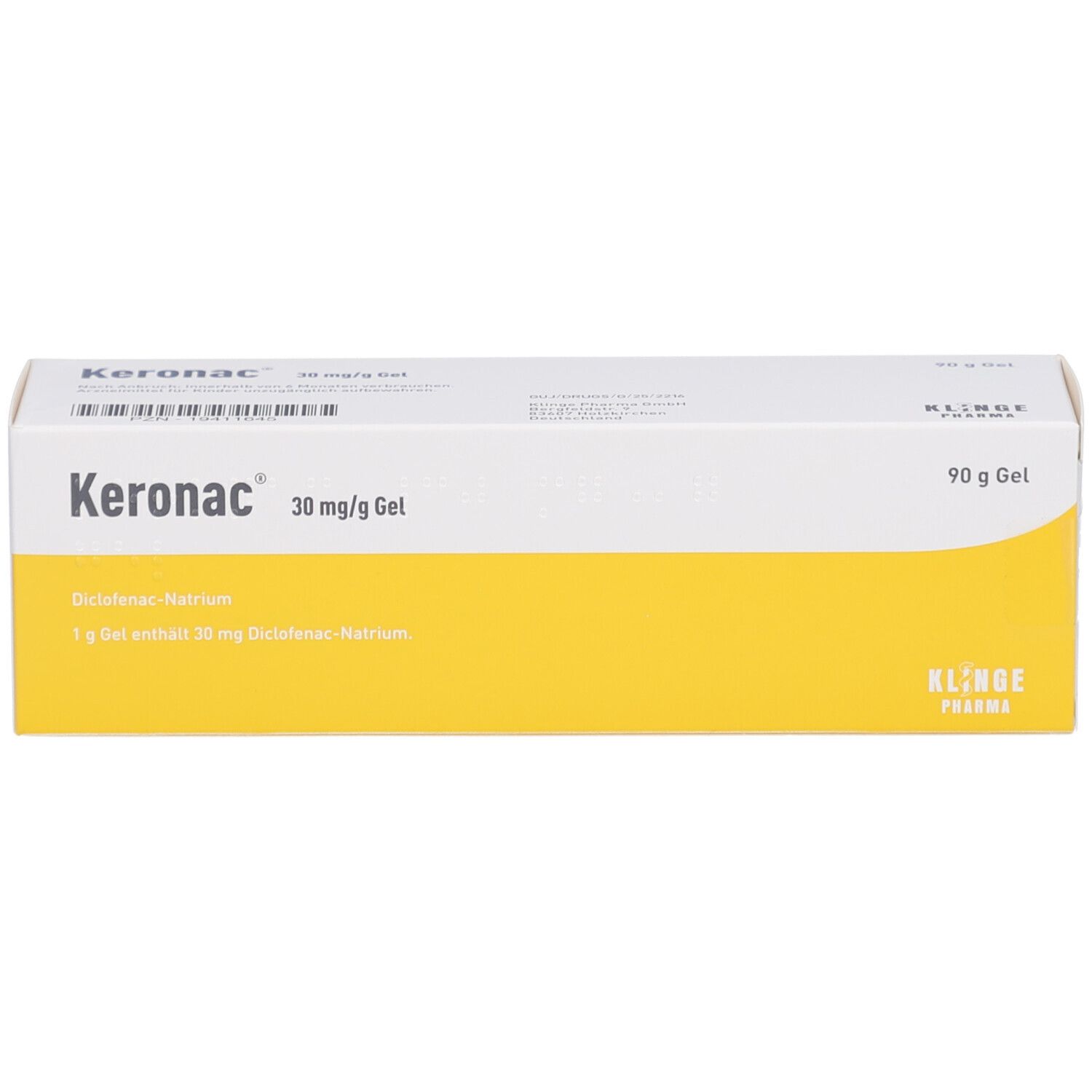 Produktverpackung mit Produktbezeichnung und Dosierung. Gelbe und weiße Farbgebung. Klinde Pharma Logo. 90 g Gel.