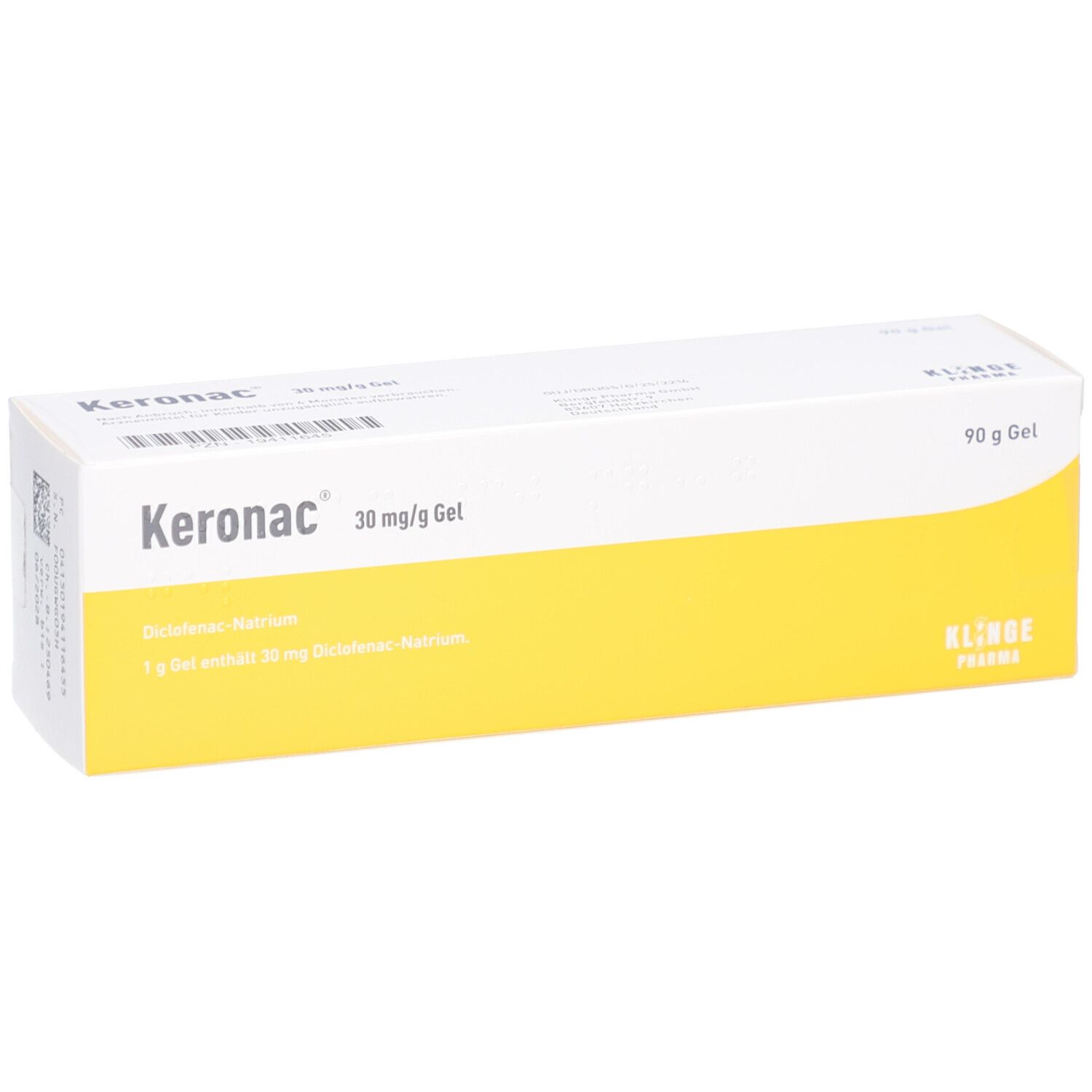 Produktverpackung mit Produktbezeichnung und Dosierung. Gelbe und weiße Farbgebung. Klinde Pharma Logo. 90 g Gel.