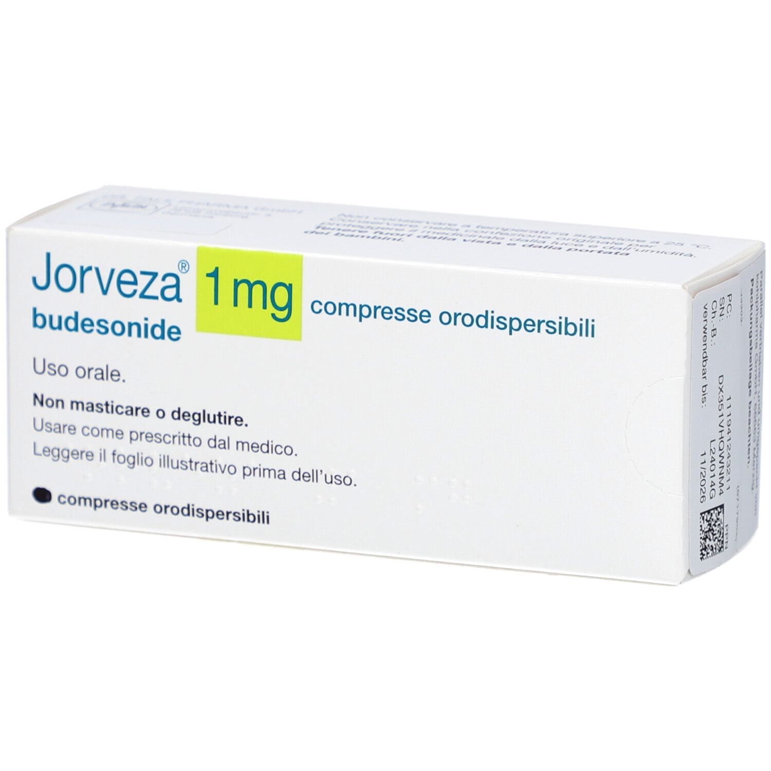 Schachtel mit JORVEZA 1 mg, Budesonid. Aufschrift: compresse orodispersibili. Gebrauchsanweisung in italienischer Sprache.