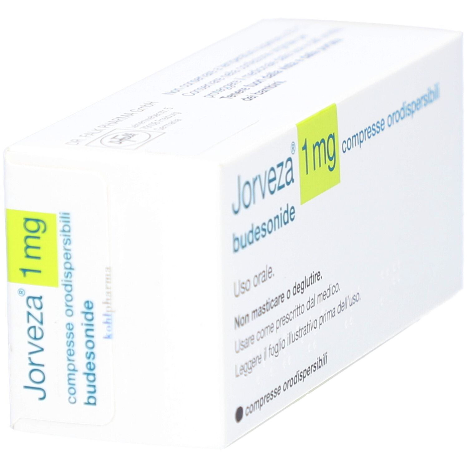 Schachtel JORVEZA 1 mg, Budesonid. Aufschrift: compresse orodispersibili. Seitenansicht.