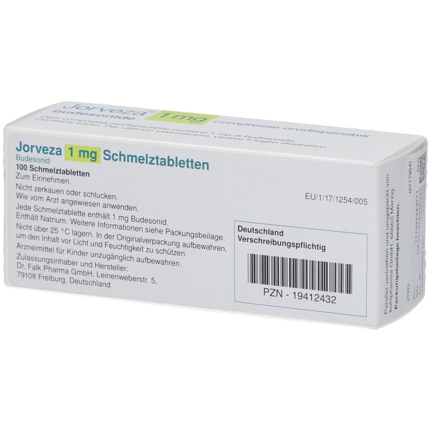 Schachtel JORVEZA 1 mg Schmelztabletten. Enthält 100 Tabletten. Text in deutscher Sprache. PZN-19412432.