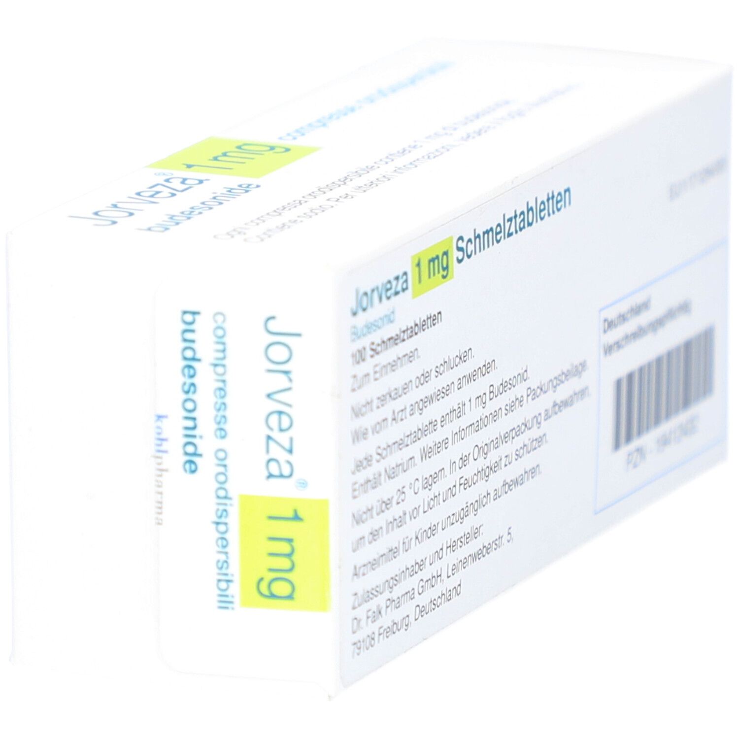 Schachtel JORVEZA 1 mg Schmelztabletten. Enthält 100 Tabletten. Text in deutscher Sprache. Seitenansicht.