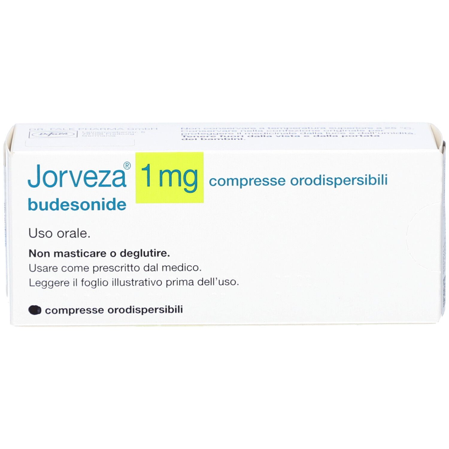 Schachtel mit JORVEZA 1 mg, Budesonid. Aufschrift: compresse orodispersibili. Gebrauchsanweisung in italienischer Sprache.