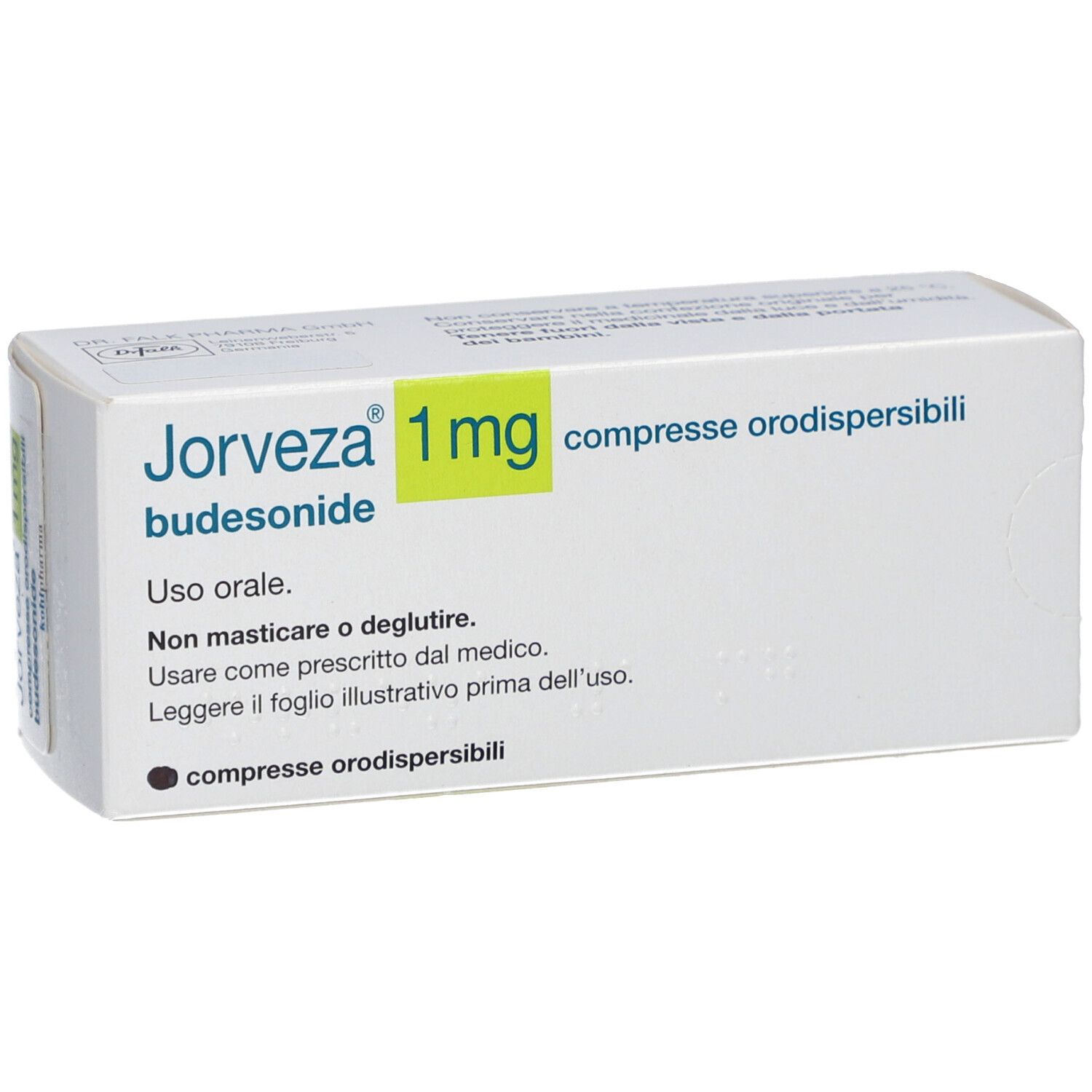 Schachtel mit JORVEZA 1 mg, Budesonid. Aufschrift: compresse orodispersibili. Gebrauchsanweisung in italienischer Sprache.