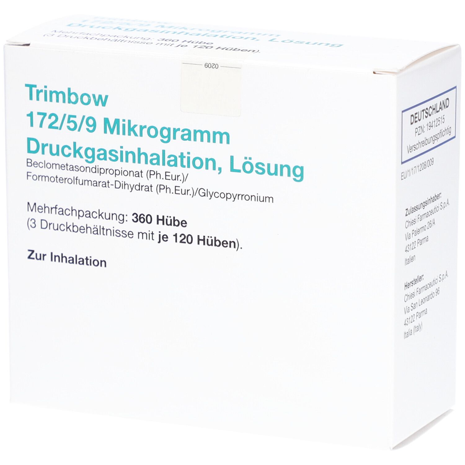 Weiße Verpackung mit grüner Schrift. Beschriftung: Trimbow 172/5/9 Mikrogramm Druckgasinhalation, Lösung. Mehrfachpackung: 360 Hübe.