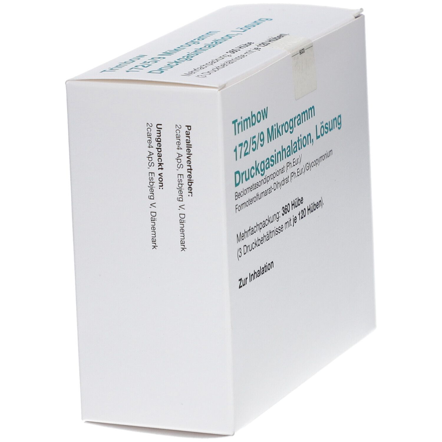 Schräg stehende weiße Verpackung. Beschriftung: Trimbow 172/5/9 Mikrogramm Druckgasinhalation, Lösung. Mehrfachpackung: 360 Hübe.
