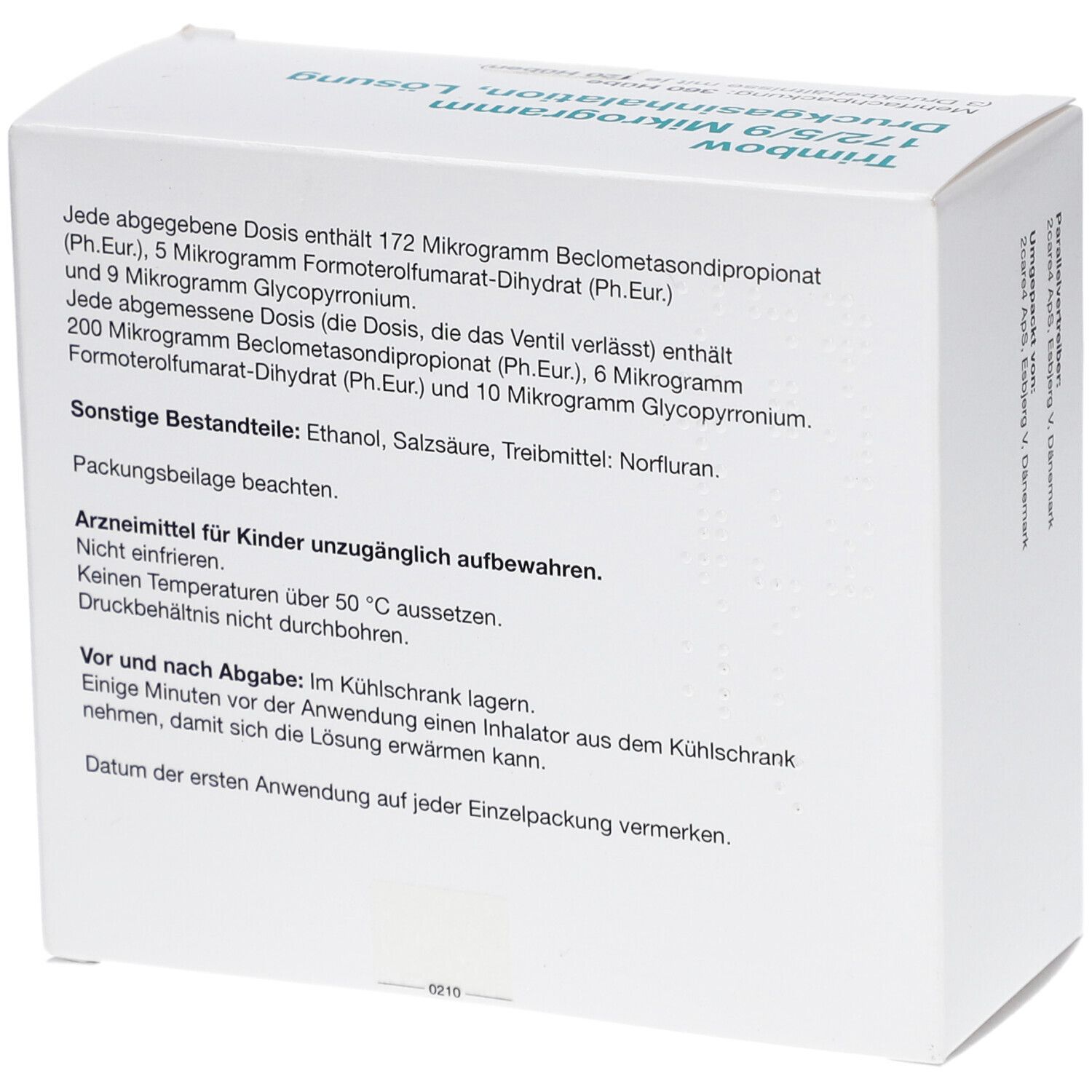 Rückseite der weißen Verpackung. Text in deutscher Sprache. Enthält Informationen zu Inhaltsstoffen, Anwendung und Lagerung.