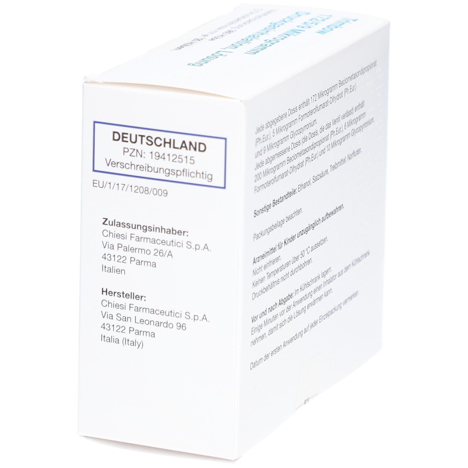 Rückseite der weißen Verpackung. Text in deutscher Sprache. Enthält Informationen zum Hersteller und Zulassung.