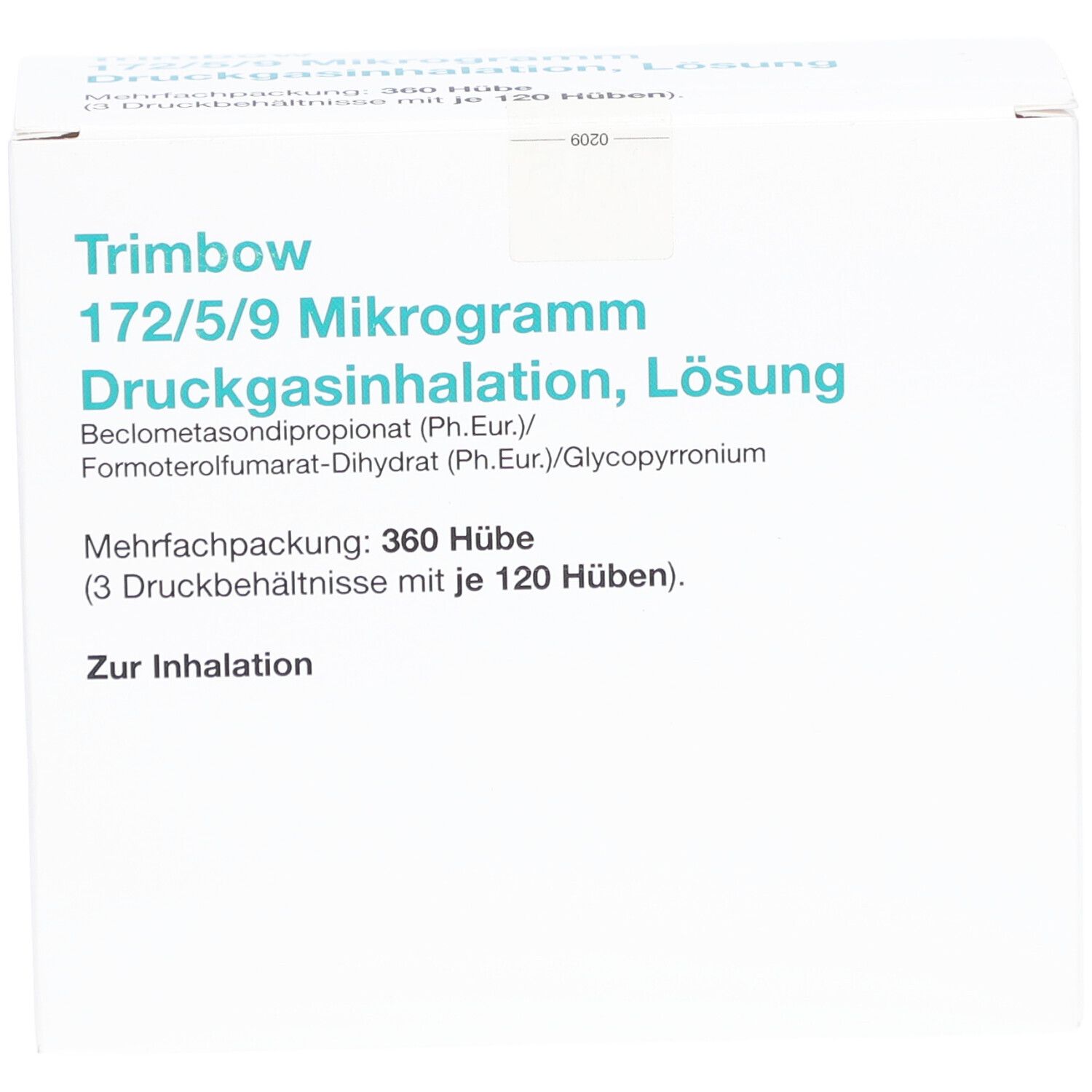 Weiße Verpackung mit grüner Schrift. Beschriftung: Trimbow 172/5/9 Mikrogramm Druckgasinhalation, Lösung. Mehrfachpackung: 360 Hübe.