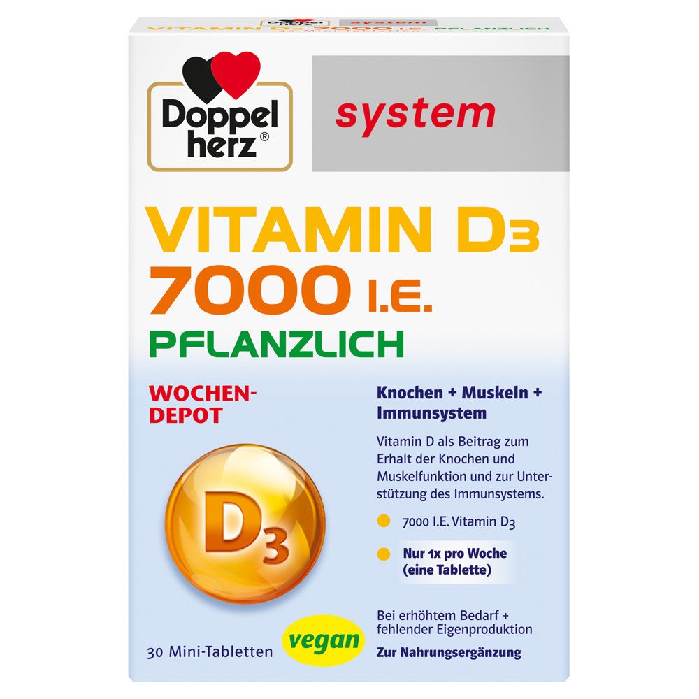 Schachtel Doppelherz system Vitamin D3 7000 I.E. Pflanzlich. Enthält 30 Mini-Tabletten. Vegan. Knochen + Muskeln + Immunsystem.