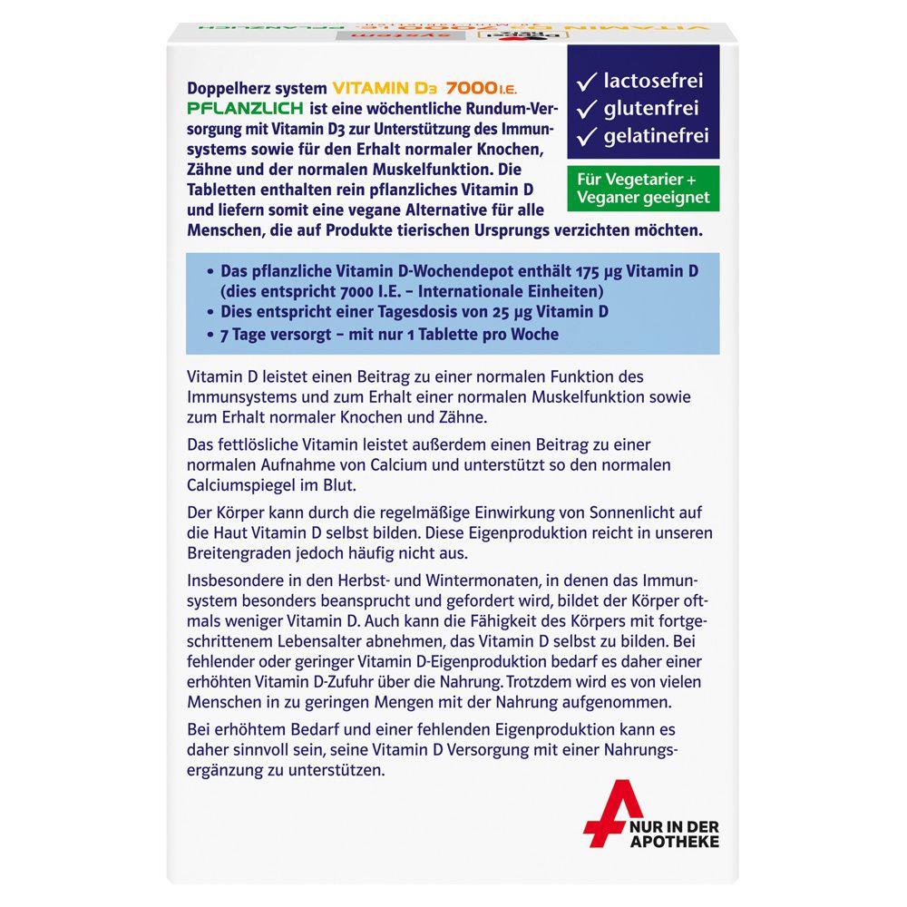 Rückseite der Schachtel Doppelherz system Vitamin D3 7000 I.E. Pflanzlich. Informationen zu Inhaltsstoffen, Anwendung und Inhaltsstoffen.