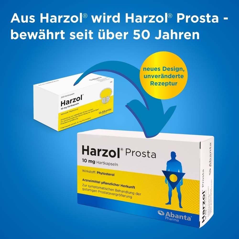 Harzol® Prosta Packung mit Hinweis auf neues Design, unveränderte Rezeptur. Vorherige Harzol Packung daneben.
