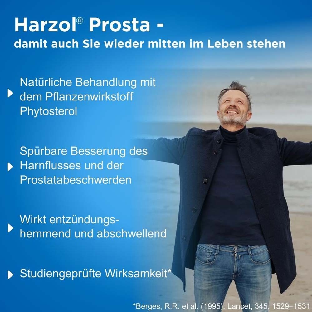 Mann mit ausgebreiteten Armen am Strand. Text über natürliche Behandlung mit Phytosterol und Linderung von Prostatabeschwerden.