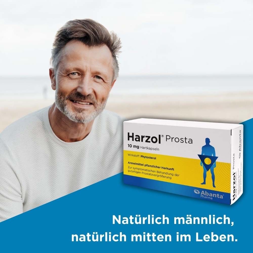 Mann mit Harzol® Prosta Packung am Strand. Slogan: Natürlich männlich, natürlich mitten im Leben.