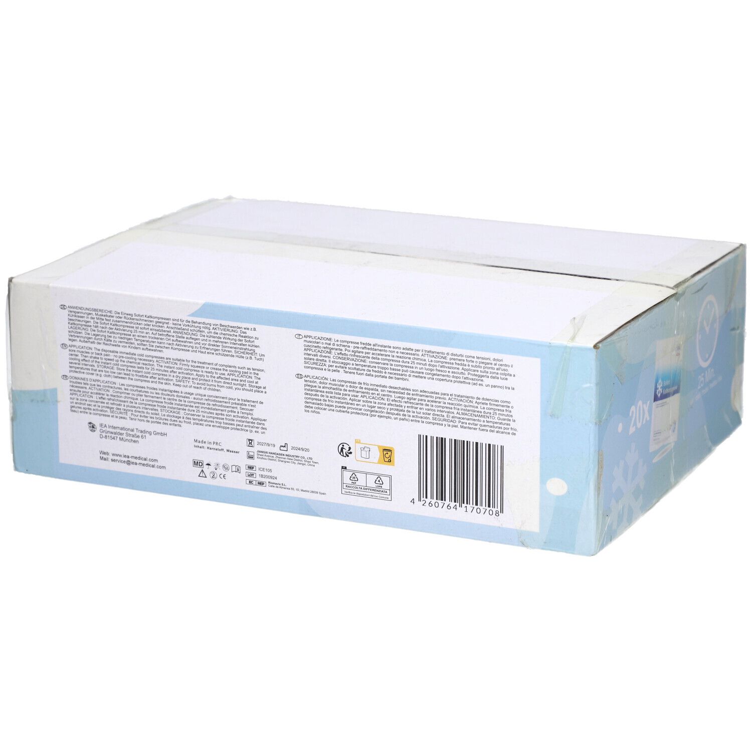 Karton mit Text in mehreren Sprachen. Barcode und Logos. Rückseite der Verpackung.