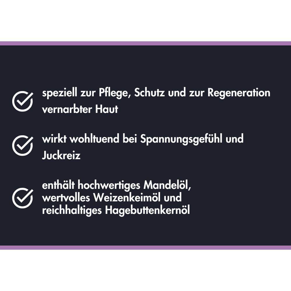 Ensbona Narbenpflege: Speziell zur Pflege vernarbter Haut. Enthält Mandel-, Weizenkeim- und Hagebuttenkernöl.