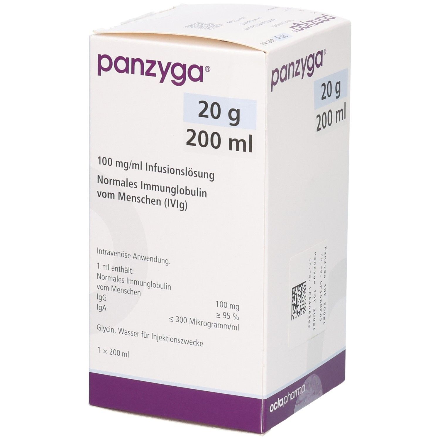 Weißer Karton mit "panzyga"-Logo und Produktinformationen. Enthält 20 g/200 ml Infusionslösung. Octapharma-Logo unten.