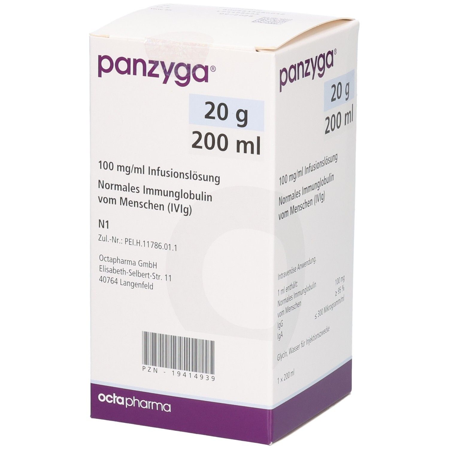 Weißer Karton mit "panzyga"-Logo und Produktinformationen. Enthält 20 g/200 ml Infusionslösung. Barcode und Octapharma-Logo.