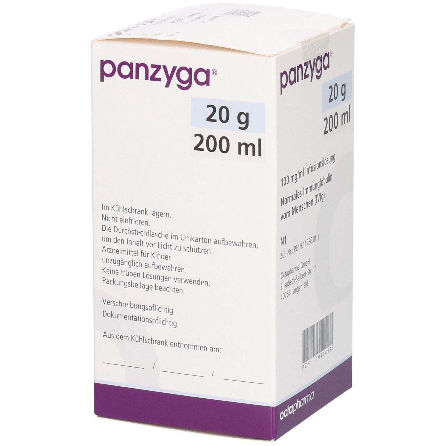 Weißer Karton mit "panzyga"-Logo und Produktinformationen. Enthält 20 g/200 ml Infusionslösung. Octapharma-Logo unten.