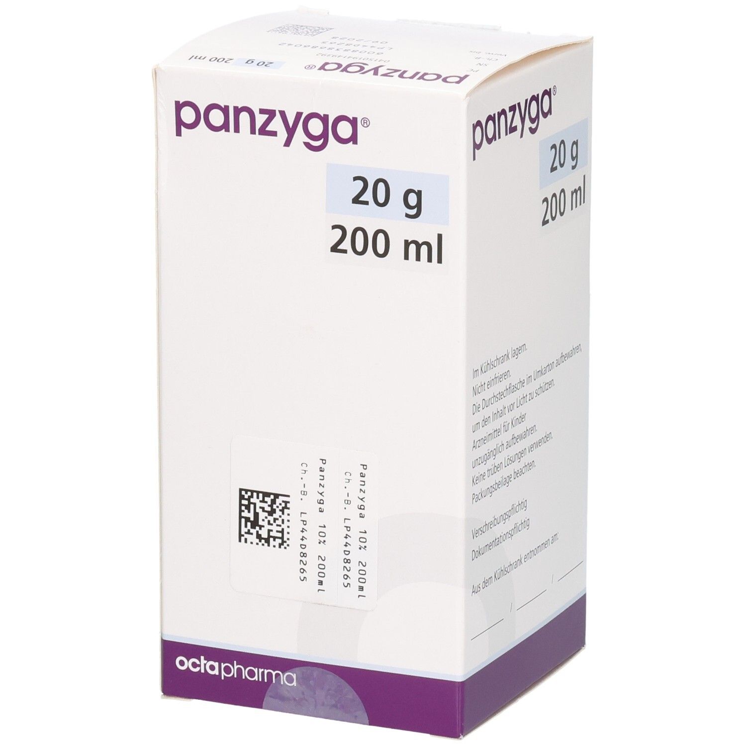 Weißer Karton mit "panzyga"-Logo und Produktinformationen. Enthält 20 g/200 ml Infusionslösung. Octapharma-Logo unten.