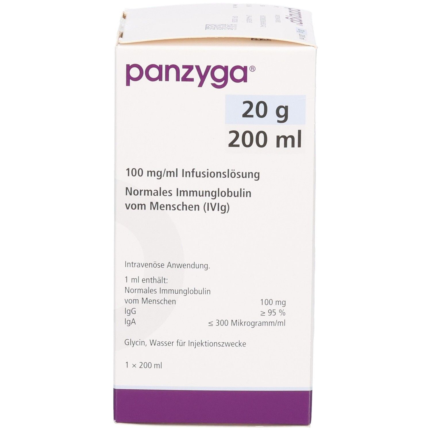 Weißer Karton mit "panzyga"-Logo und Produktinformationen. Enthält 20 g/200 ml Infusionslösung. Octapharma-Logo unten.