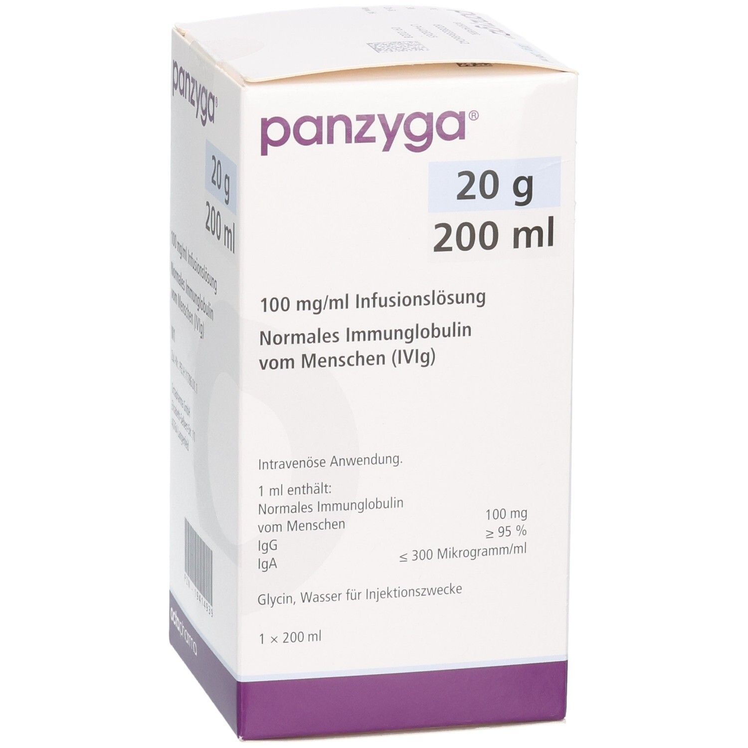 Weißer Karton mit "panzyga"-Logo und Produktinformationen. Enthält 20 g/200 ml Infusionslösung. Octapharma-Logo unten.