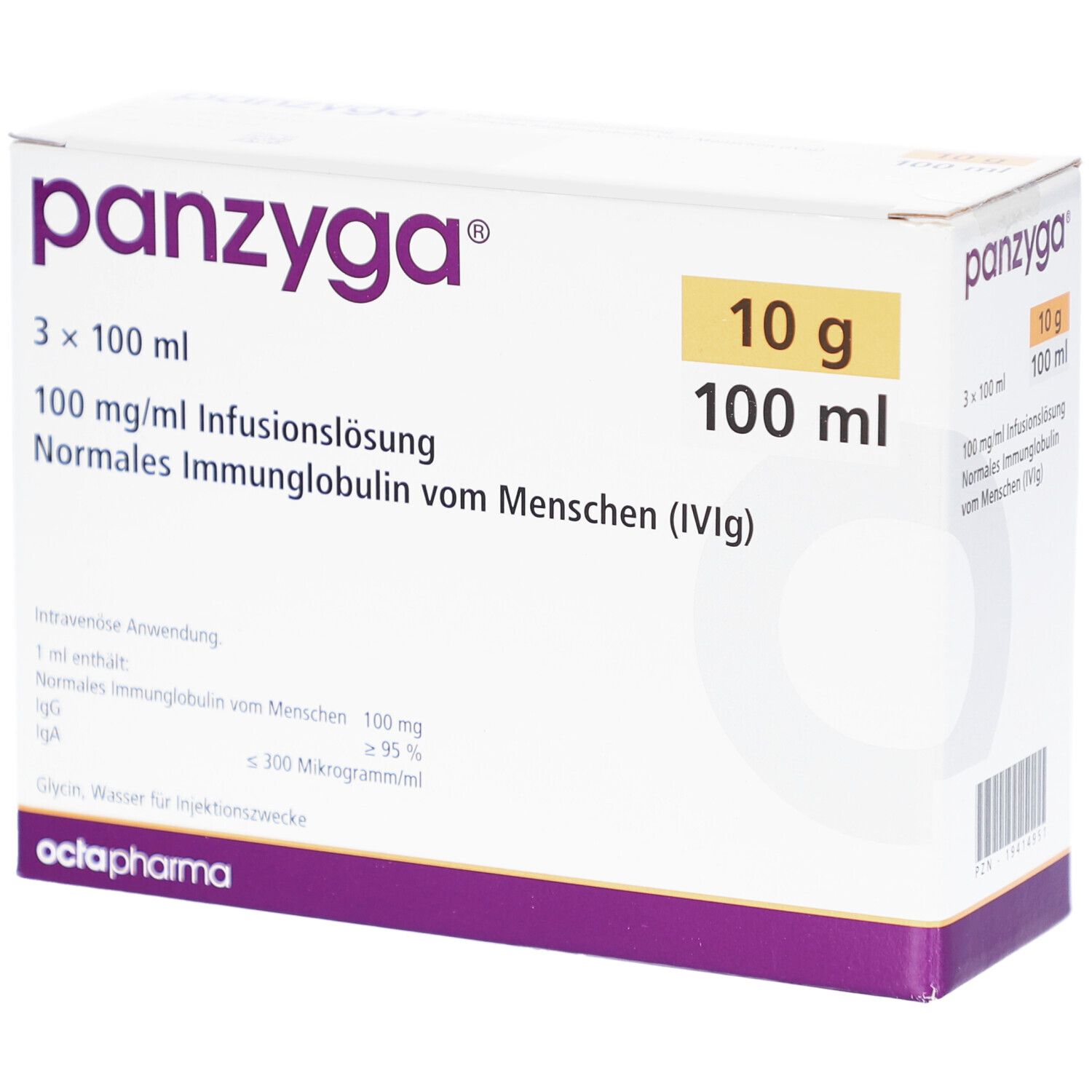 Verpackung von PANZYGA. Enthält 3x100 ml Infusionslösung. Aufschrift: 10 g, 100 ml. Hersteller: Octapharma.