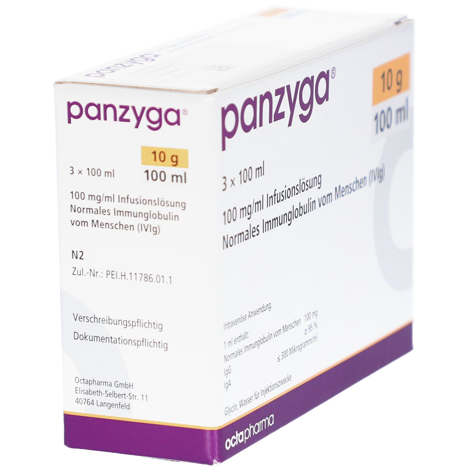 Verpackung von PANZYGA. Enthält 3x100 ml Infusionslösung. Aufschrift: 10 g, 100 ml. Hersteller: Octapharma.