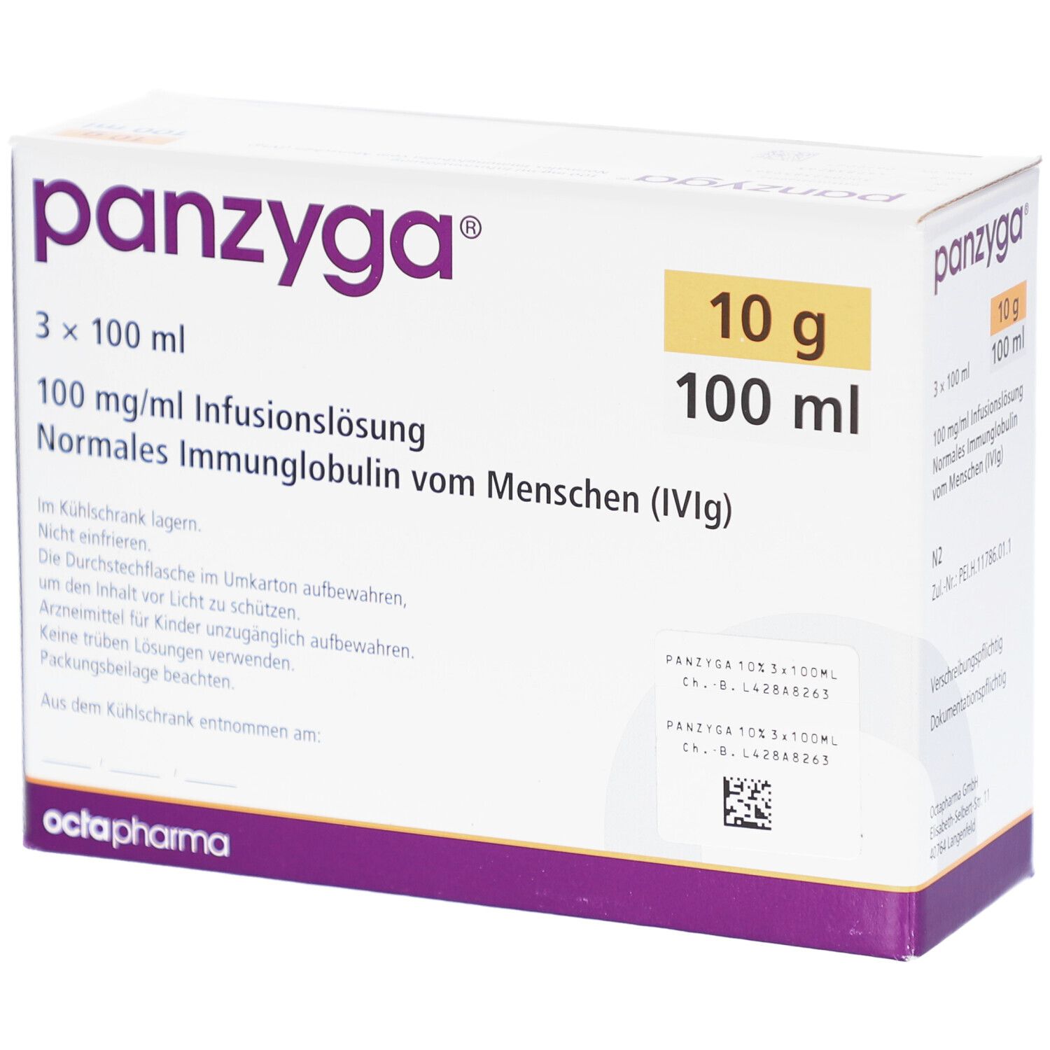 Verpackung von PANZYGA. Enthält 3x100 ml Infusionslösung. Aufschrift: 10 g, 100 ml. Hersteller: Octapharma.