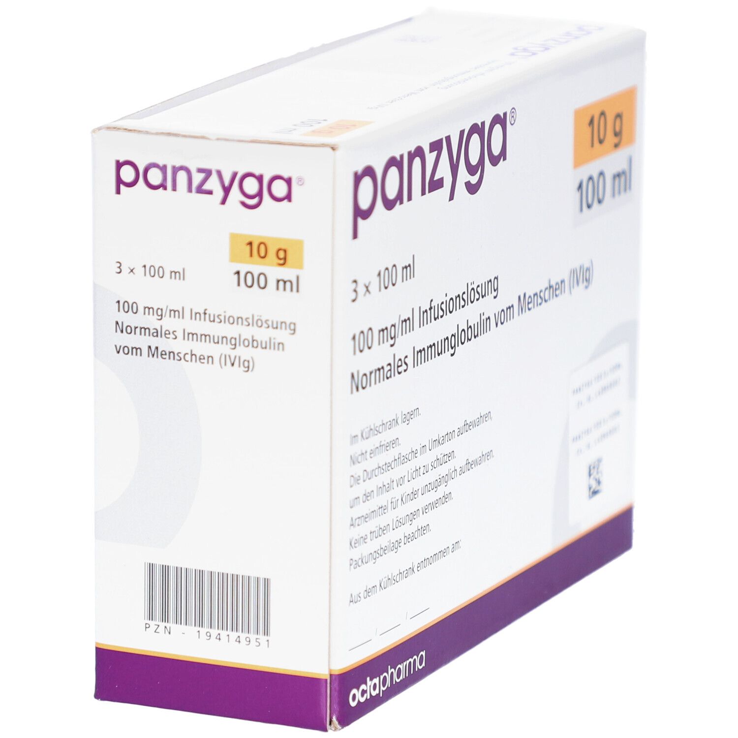 Verpackung von PANZYGA. Enthält 3x100 ml Infusionslösung. Aufschrift: 10 g, 100 ml. Hersteller: Octapharma.