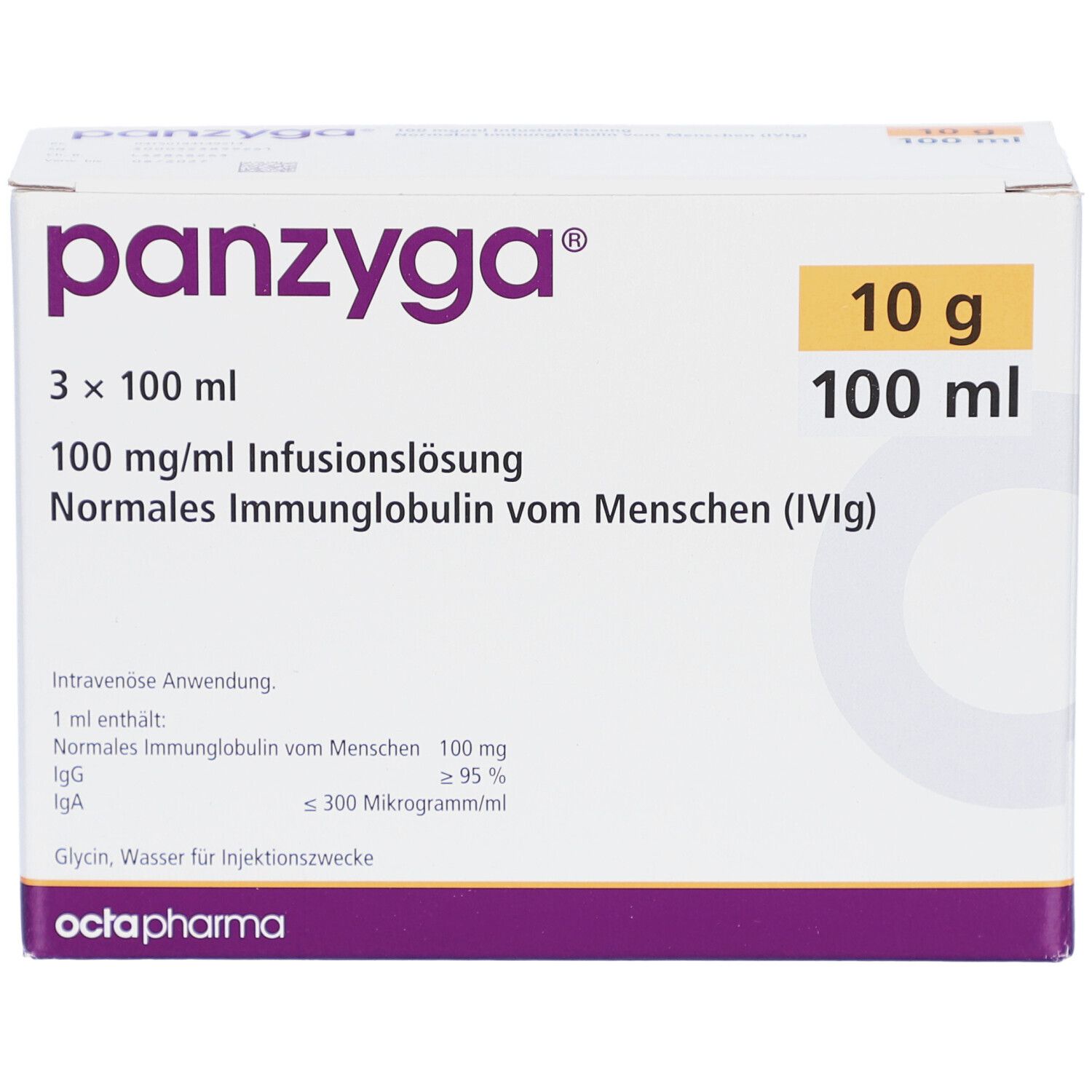 Verpackung von PANZYGA. Enthält 3x100 ml Infusionslösung. Aufschrift: 10 g, 100 ml. Hersteller: Octapharma.